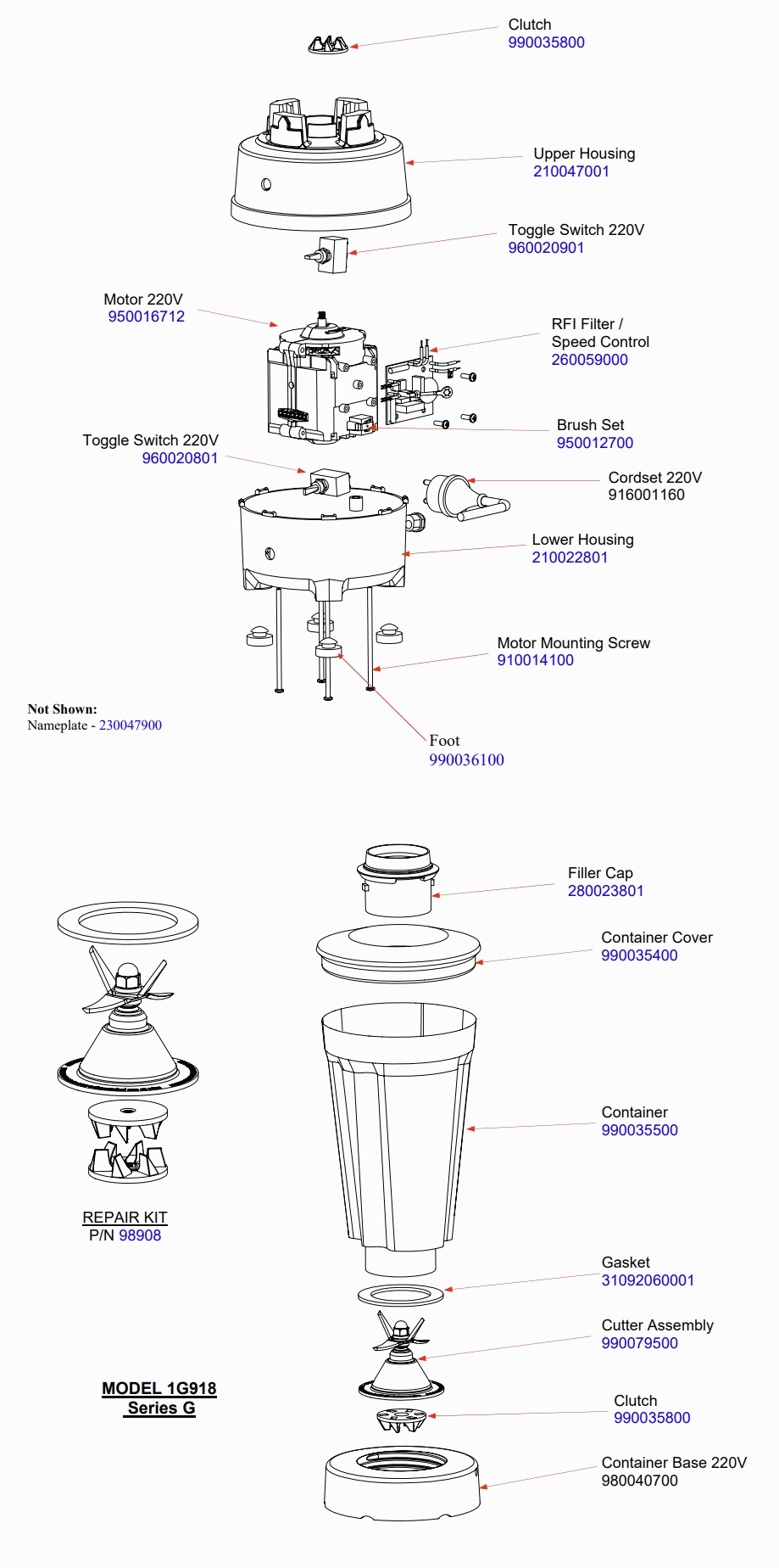 Diagram Diagram and Parts List for 1G918-UK-G  Hamilton Beach Blender